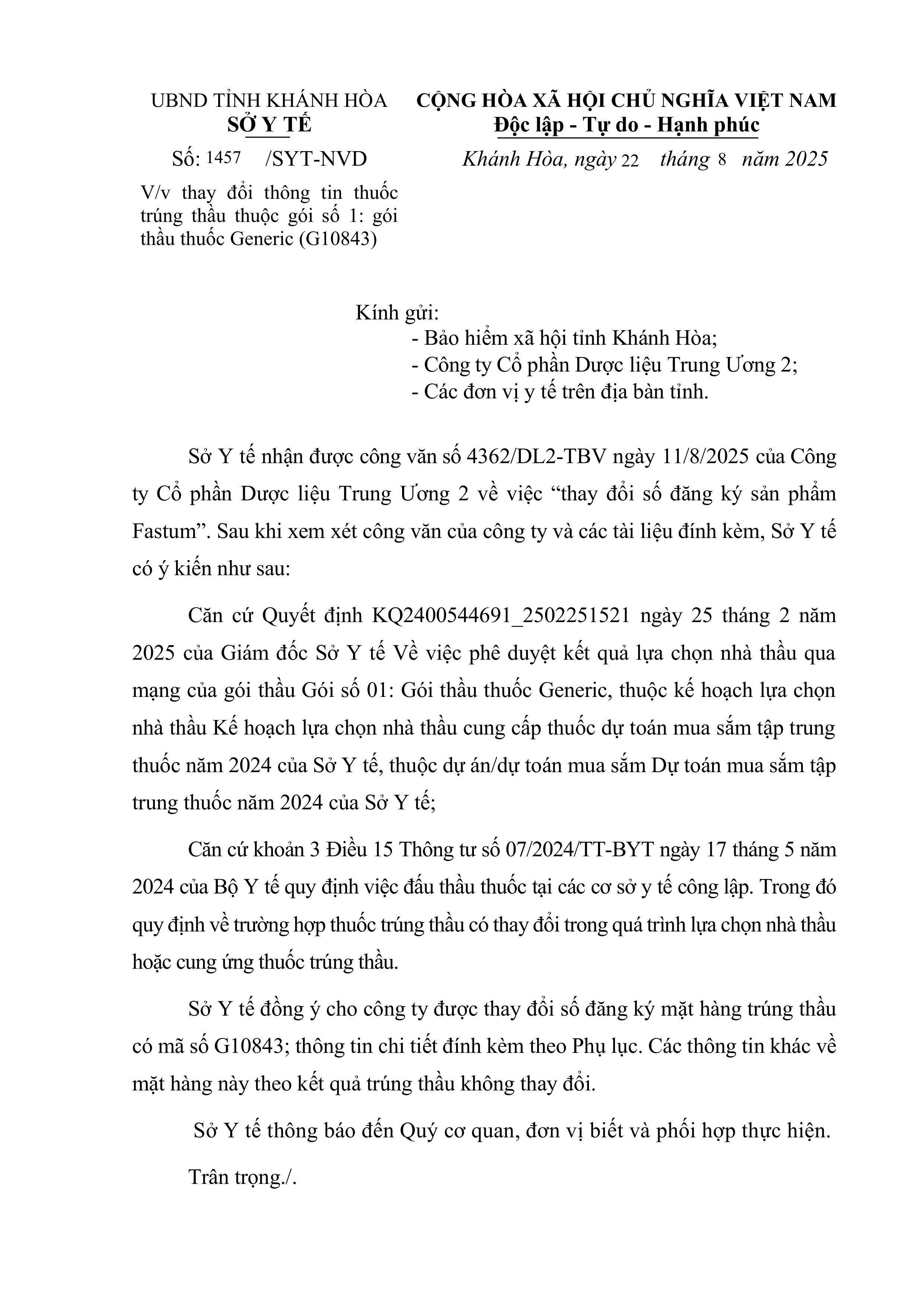 V/v thay đổi thông tin thuốc trúng thầu thuộc gói số 1: gói thầu thuốc Generic (G10843)
